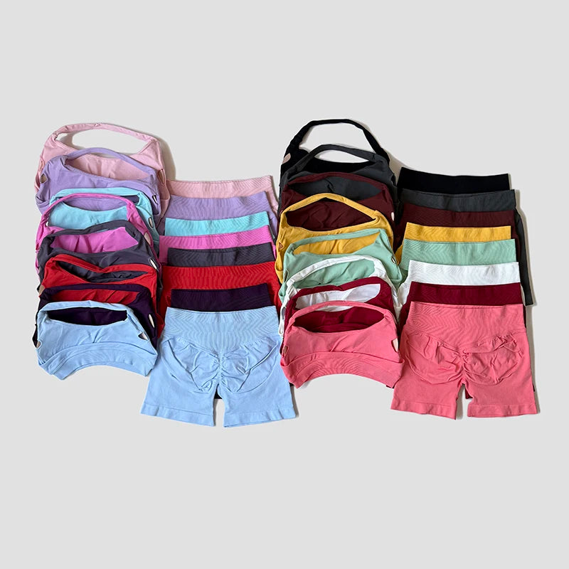 Sexy Halter Neck Beautiful Back Bra High Waist Peach Sports Shorts Suit Pilates Training Gym Fitness Bra Workout Activewear