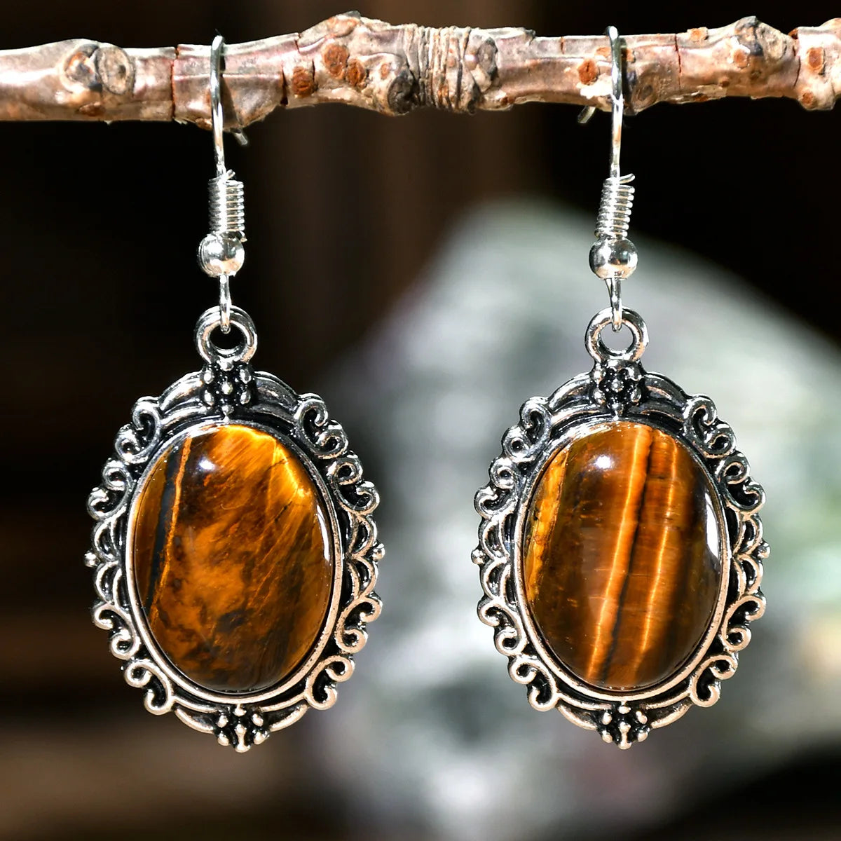 1pair Natural Stone Rose Quartz Green Aventurine Tiger Eye Pendant Earrings Bohemian Women's Fashion Earrings Jewelry Gifts