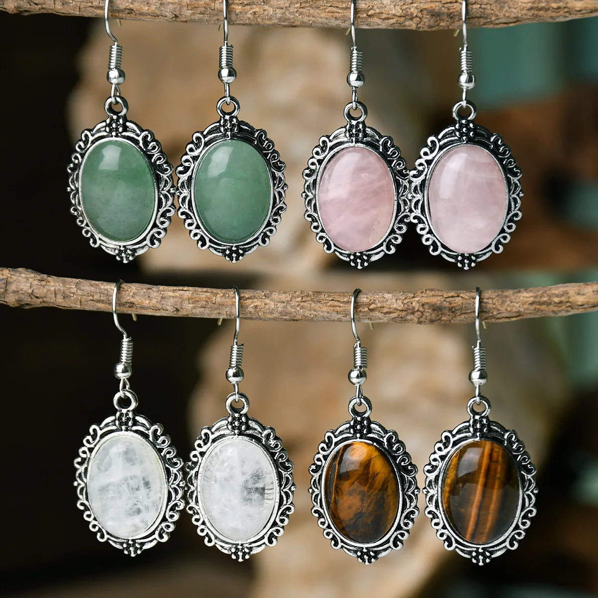 1pair Natural Stone Rose Quartz Green Aventurine Tiger Eye Pendant Earrings Bohemian Women's Fashion Earrings Jewelry Gifts