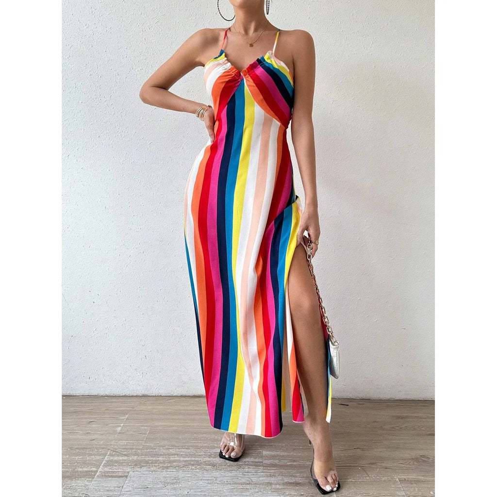 Sexy Wrap V-Neck Long Dress Polyester No-Sleeve High-Waist Printed Summer 2025 TikTok Trendy Split Strapless Gown