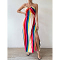 Sexy Wrap V-Neck Long Dress Polyester No-Sleeve High-Waist Printed Summer 2025 TikTok Trendy Split Strapless Gown