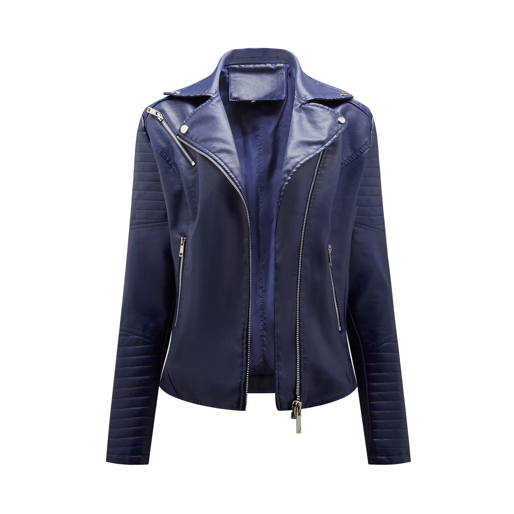 Spring and Autumn short women's leather jacket, Slim lapel biker suit, oblique zipper jacket women's coat