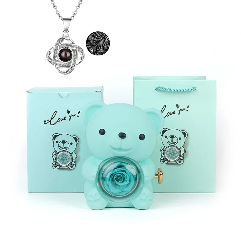 Mini Cute Eternal Rose Bear Jewelry Box Exquisite Portable 100 Languages "I Love You" Necklace Valentine's Day Birthday Gift
