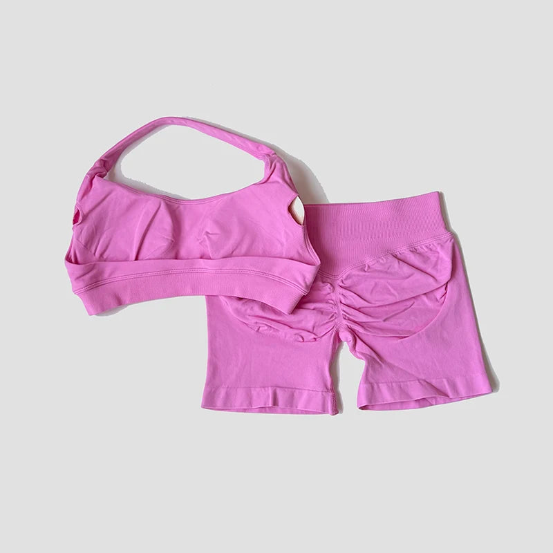 Sexy Halter Neck Beautiful Back Bra High Waist Peach Sports Shorts Suit Pilates Training Gym Fitness Bra Workout Activewear