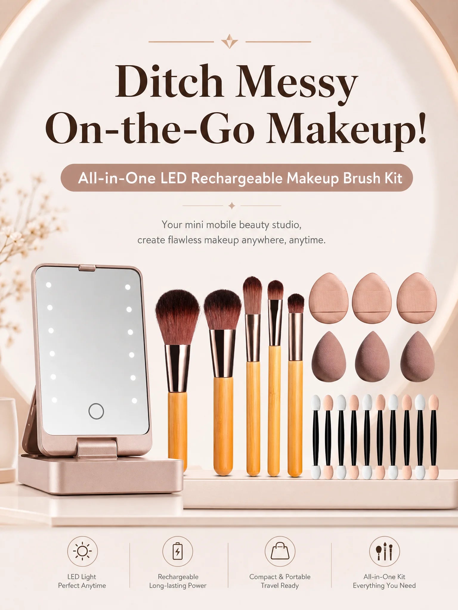 10Pcs Macaron Makeup Brush Set with Led Light Mirror Portable Travel Cosmetic Brushes Kit with Triangle Powder Puff Beauty Tools