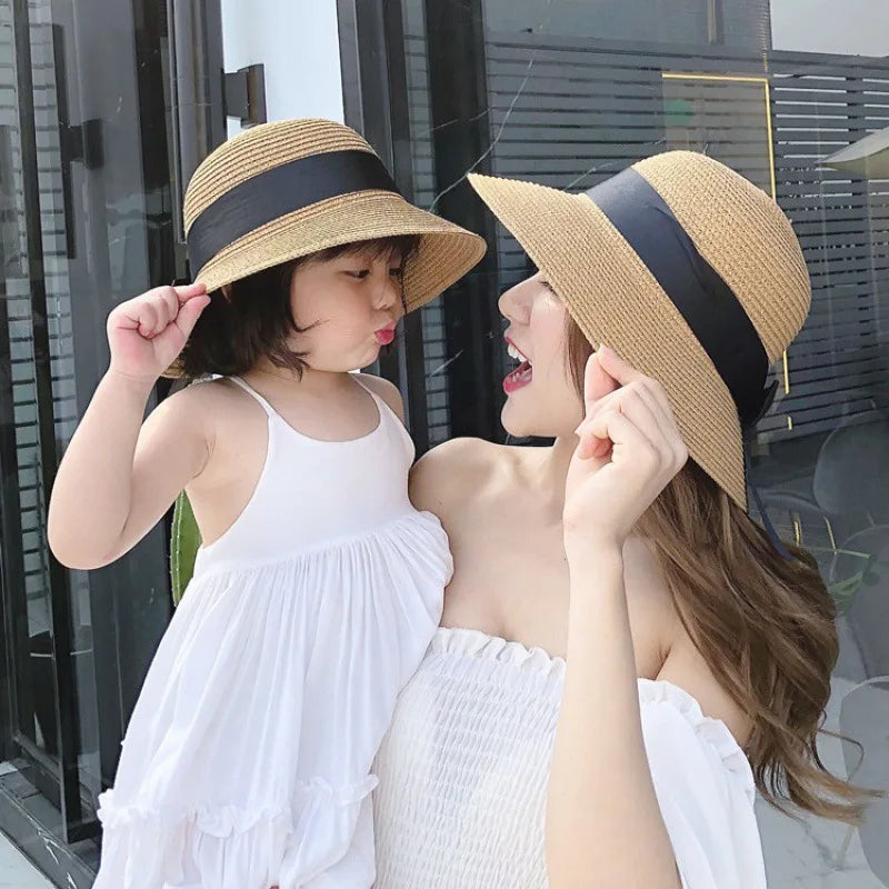 New Summer Parent-Child Straw Cap Women Flower Wreath Bowknot Bucket Hat Girls Outdoor Beach Travel Sunshade Sun Caps