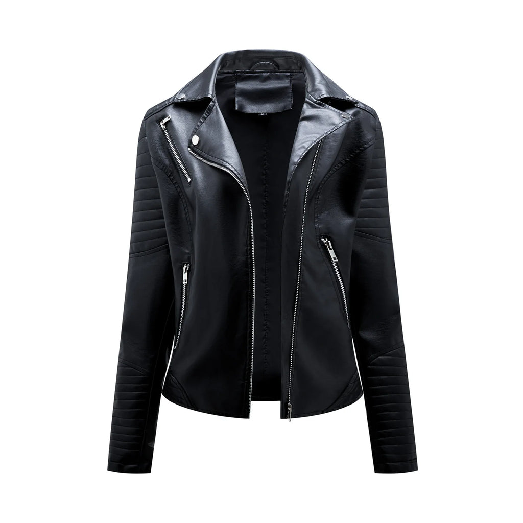 Spring and Autumn short women's leather jacket, Slim lapel biker suit, oblique zipper jacket women's coat