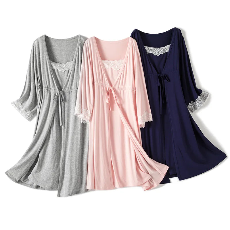 2pcs/Set Pregnancy Pajamas Sleepwear Nursing Nightwear Pregnant Woman Sling Breastfeeding Nightgown Maternity Labor Dress+Robe