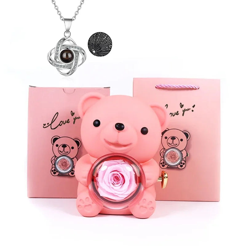 Mini Cute Eternal Rose Bear Jewelry Box Exquisite Portable 100 Languages "I Love You" Necklace Valentine's Day Birthday Gift