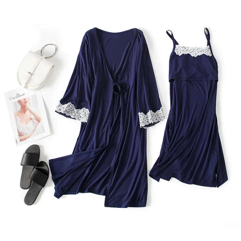 2pcs/Set Pregnancy Pajamas Sleepwear Nursing Nightwear Pregnant Woman Sling Breastfeeding Nightgown Maternity Labor Dress+Robe