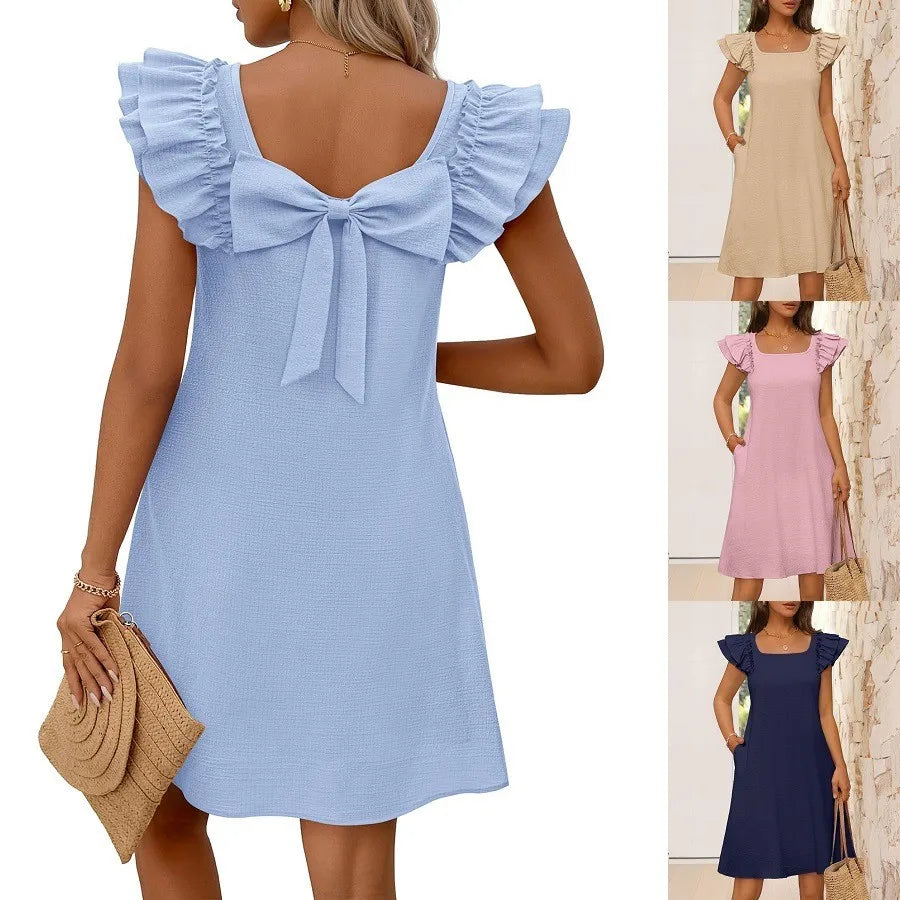 2026 European & American Style Double Layer Ruffle Sleeve Back Bow Dress for Spring & Summer, Amazon Independent Site & TikTok F