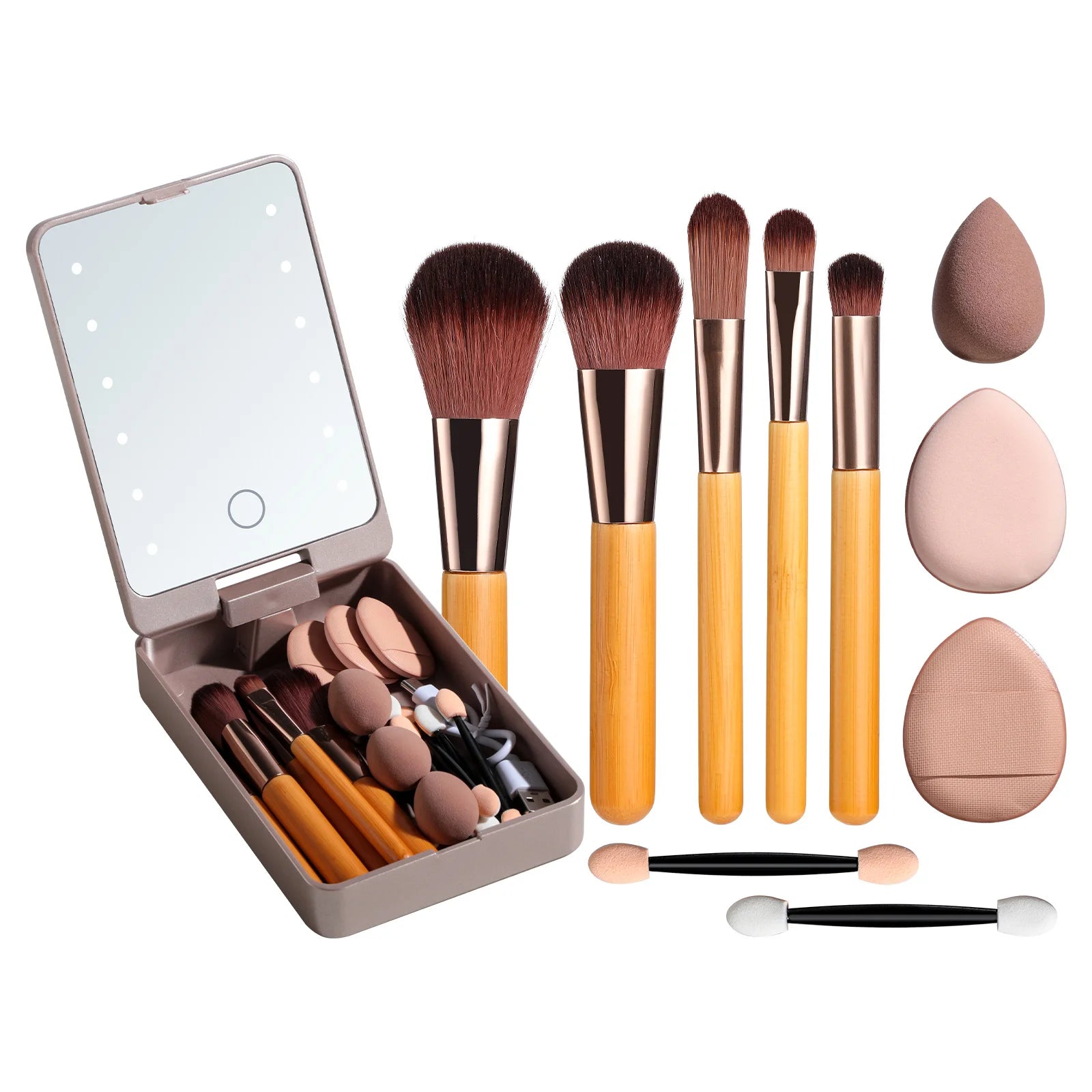 10Pcs Macaron Makeup Brush Set with Led Light Mirror Portable Travel Cosmetic Brushes Kit with Triangle Powder Puff Beauty Tools