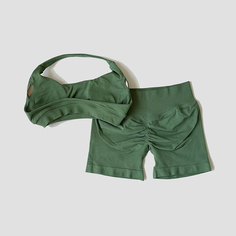 Sexy Halter Neck Beautiful Back Bra High Waist Peach Sports Shorts Suit Pilates Training Gym Fitness Bra Workout Activewear