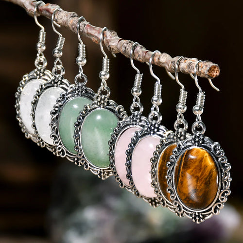 1pair Natural Stone Rose Quartz Green Aventurine Tiger Eye Pendant Earrings Bohemian Women's Fashion Earrings Jewelry Gifts