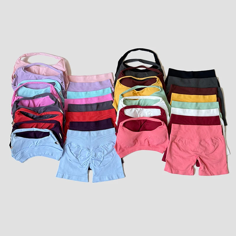 Sexy Halter Neck Beautiful Back Bra High Waist Peach Sports Shorts Suit Pilates Training Gym Fitness Bra Workout Activewear