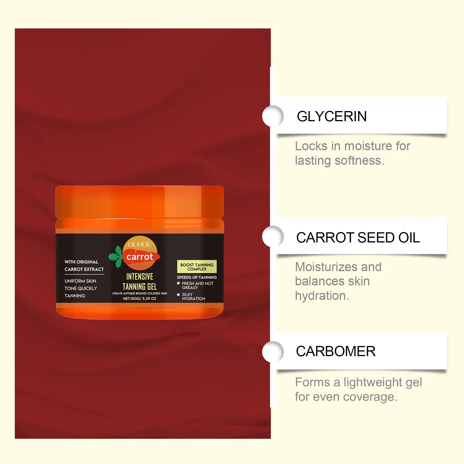 Carrot Tanning Gel Intensive Bronze Glow Body Cream Fast Acting Self Tanner Hydrating Sunbed Cream for Natural Sunkissed Skin