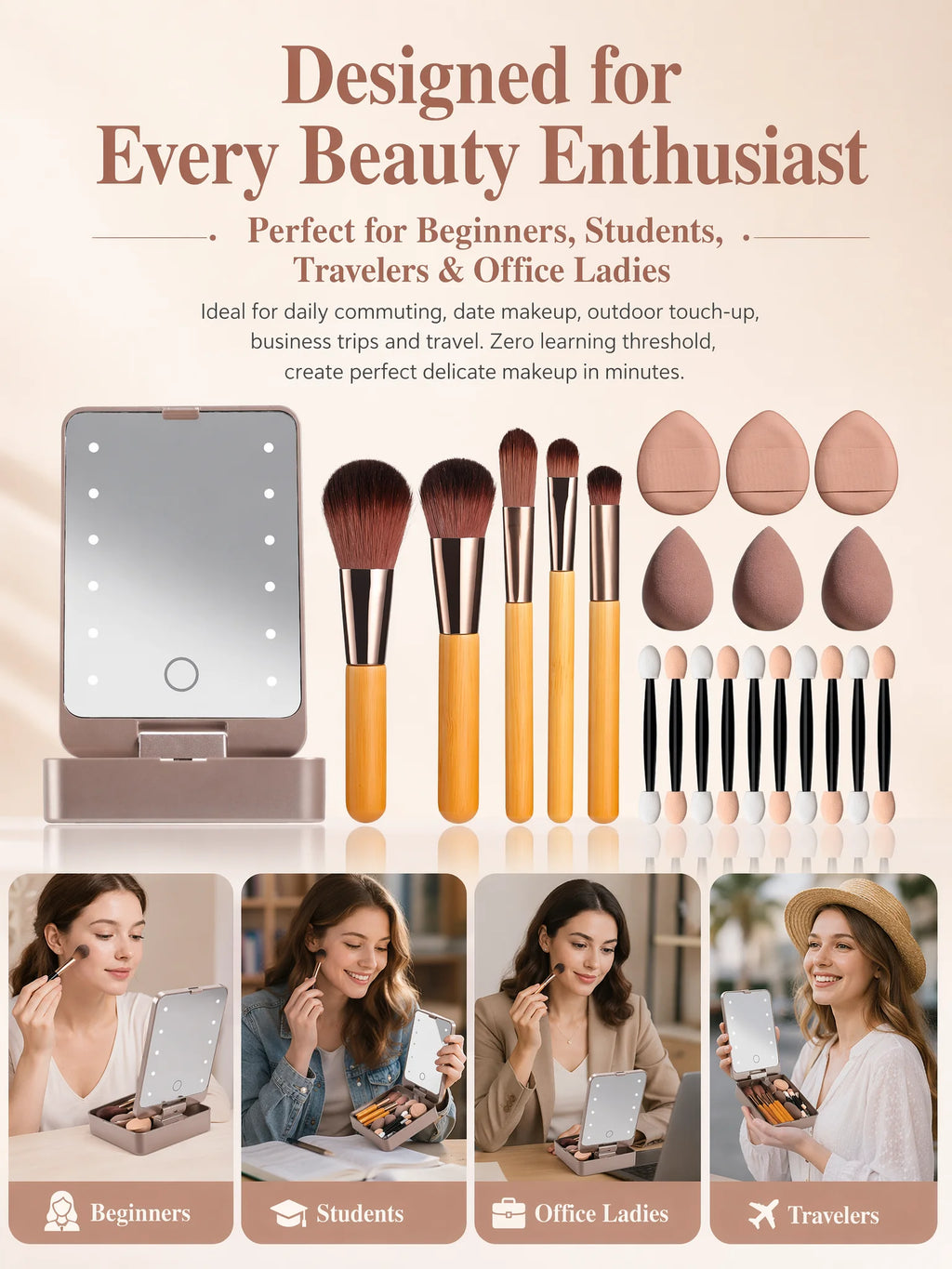 10Pcs Macaron Makeup Brush Set with Led Light Mirror Portable Travel Cosmetic Brushes Kit with Triangle Powder Puff Beauty Tools