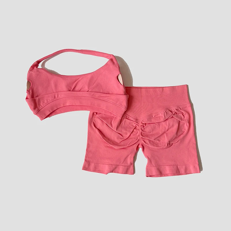 Sexy Halter Neck Beautiful Back Bra High Waist Peach Sports Shorts Suit Pilates Training Gym Fitness Bra Workout Activewear
