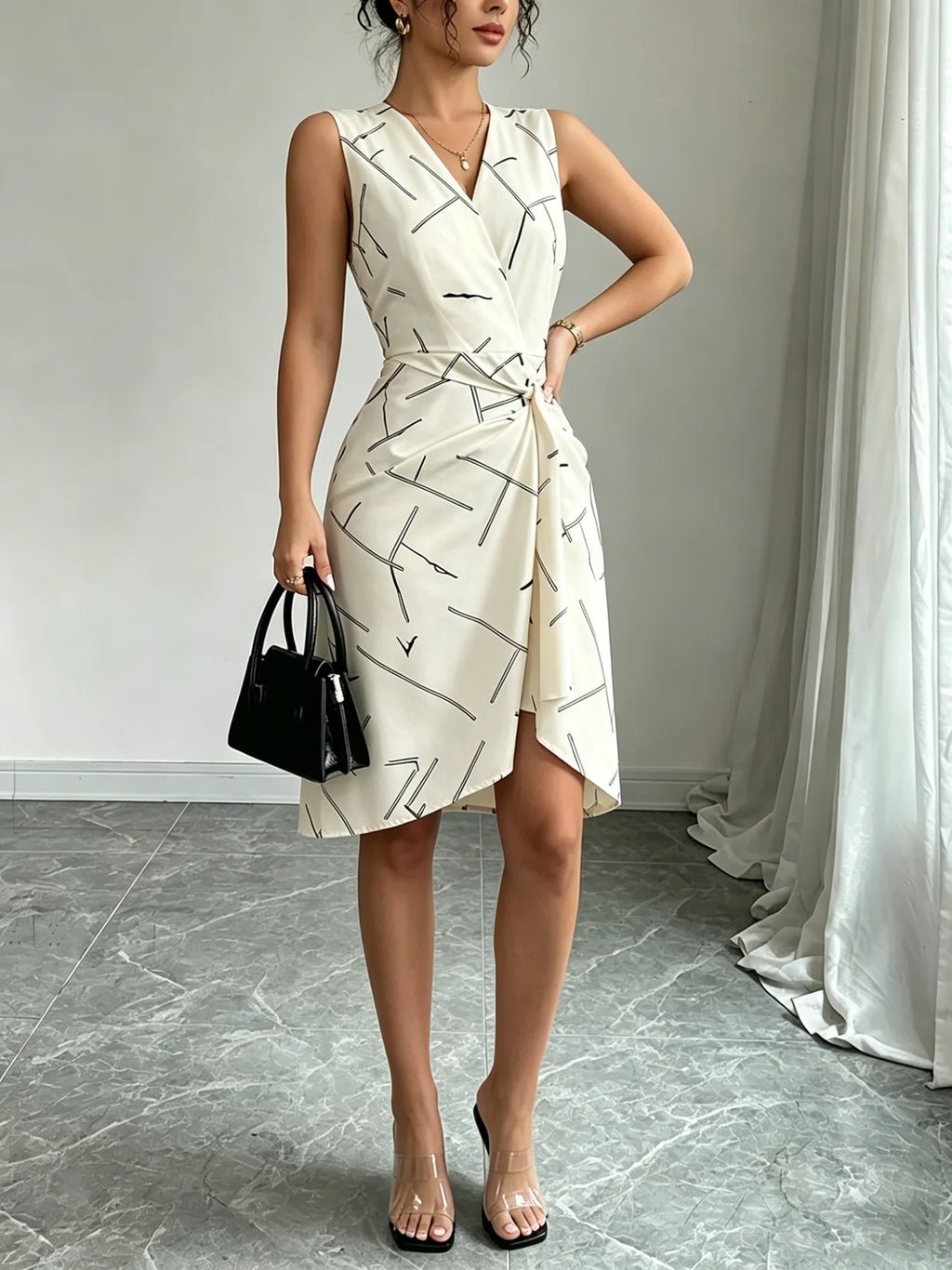 Women Midi Dress Sleeveless V Neck Line Print Wrap Tie Waist Asymmetrical Dress Elegant Spring Summer Brunch Work Office Dress