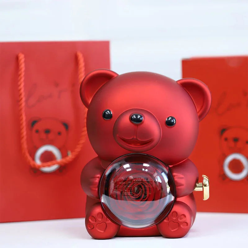 Mini Cute Eternal Rose Bear Jewelry Box Exquisite Portable 100 Languages "I Love You" Necklace Valentine's Day Birthday Gift