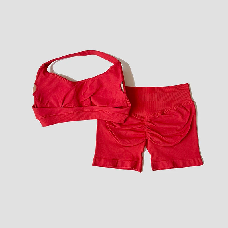 Sexy Halter Neck Beautiful Back Bra High Waist Peach Sports Shorts Suit Pilates Training Gym Fitness Bra Workout Activewear