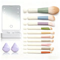 10Pcs Macaron Makeup Brush Set with Led Light Mirror Portable Travel Cosmetic Brushes Kit with Triangle Powder Puff Beauty Tools