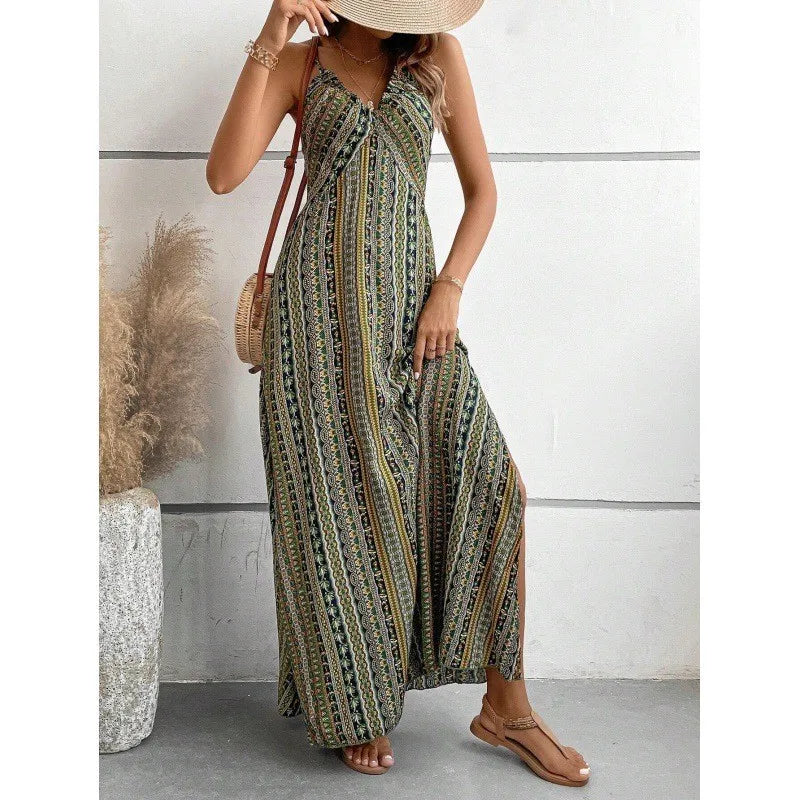 Sexy Wrap V-Neck Long Dress Polyester No-Sleeve High-Waist Printed Summer 2025 TikTok Trendy Split Strapless Gown