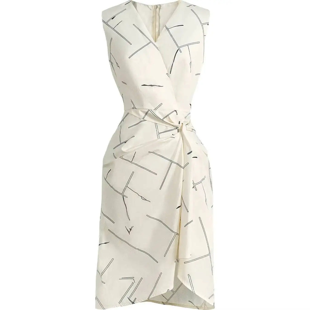 Women Midi Dress Sleeveless V Neck Line Print Wrap Tie Waist Asymmetrical Dress Elegant Spring Summer Brunch Work Office Dress