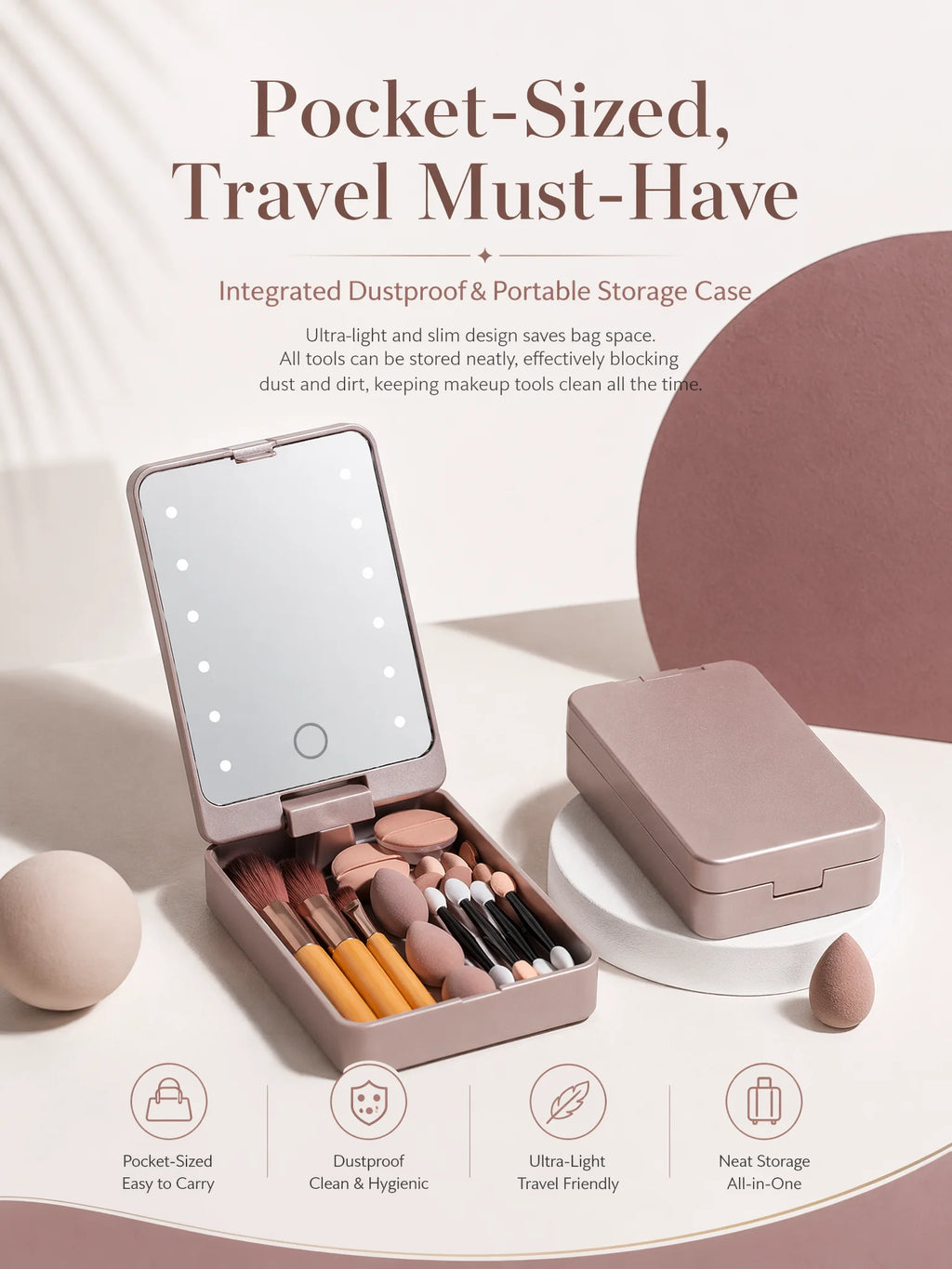 10Pcs Macaron Makeup Brush Set with Led Light Mirror Portable Travel Cosmetic Brushes Kit with Triangle Powder Puff Beauty Tools