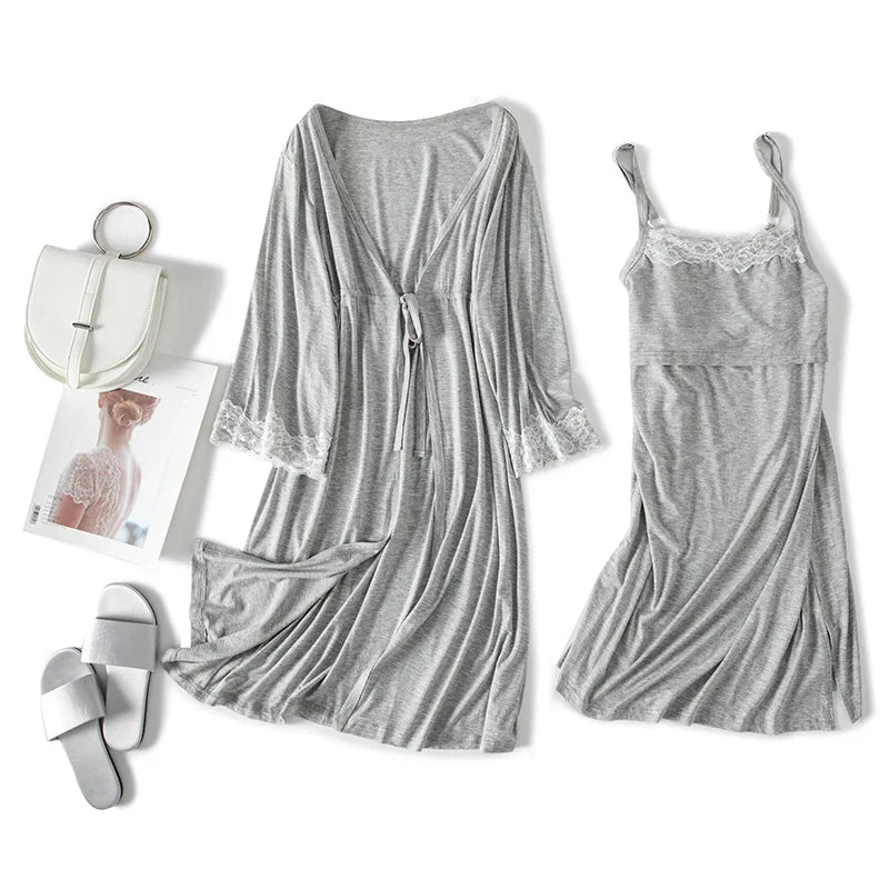 2pcs/Set Pregnancy Pajamas Sleepwear Nursing Nightwear Pregnant Woman Sling Breastfeeding Nightgown Maternity Labor Dress+Robe