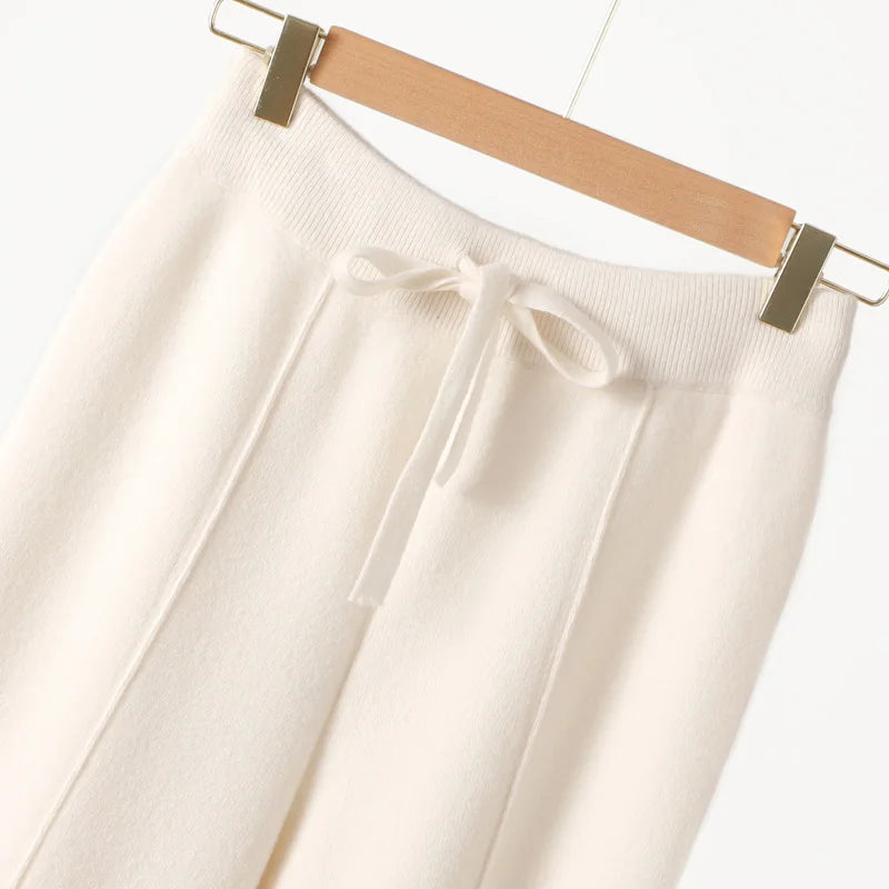 100% Merino Wool Pants Women Autumn Winter Casual Wide Leg Trousers Middle Seam Style Knitted Cashmere Soft Lace-up Trendy Pants