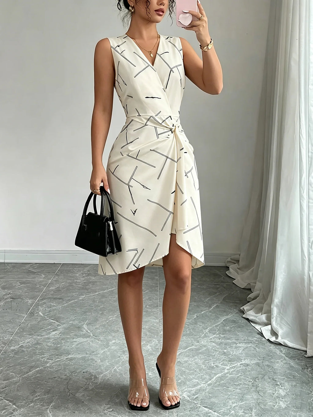 Women Midi Dress Sleeveless V Neck Line Print Wrap Tie Waist Asymmetrical Dress Elegant Spring Summer Brunch Work Office Dress